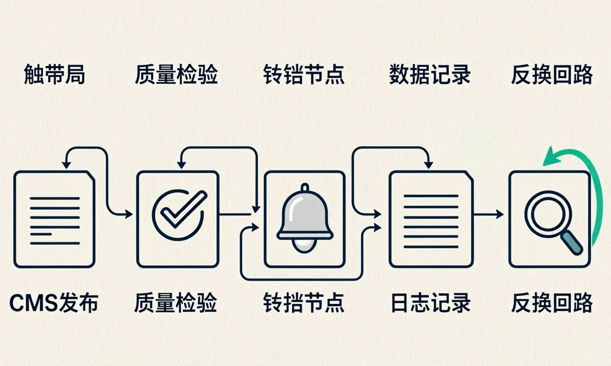 Publish trigger, quality gate, engine pings, logging and review forming one pipeline