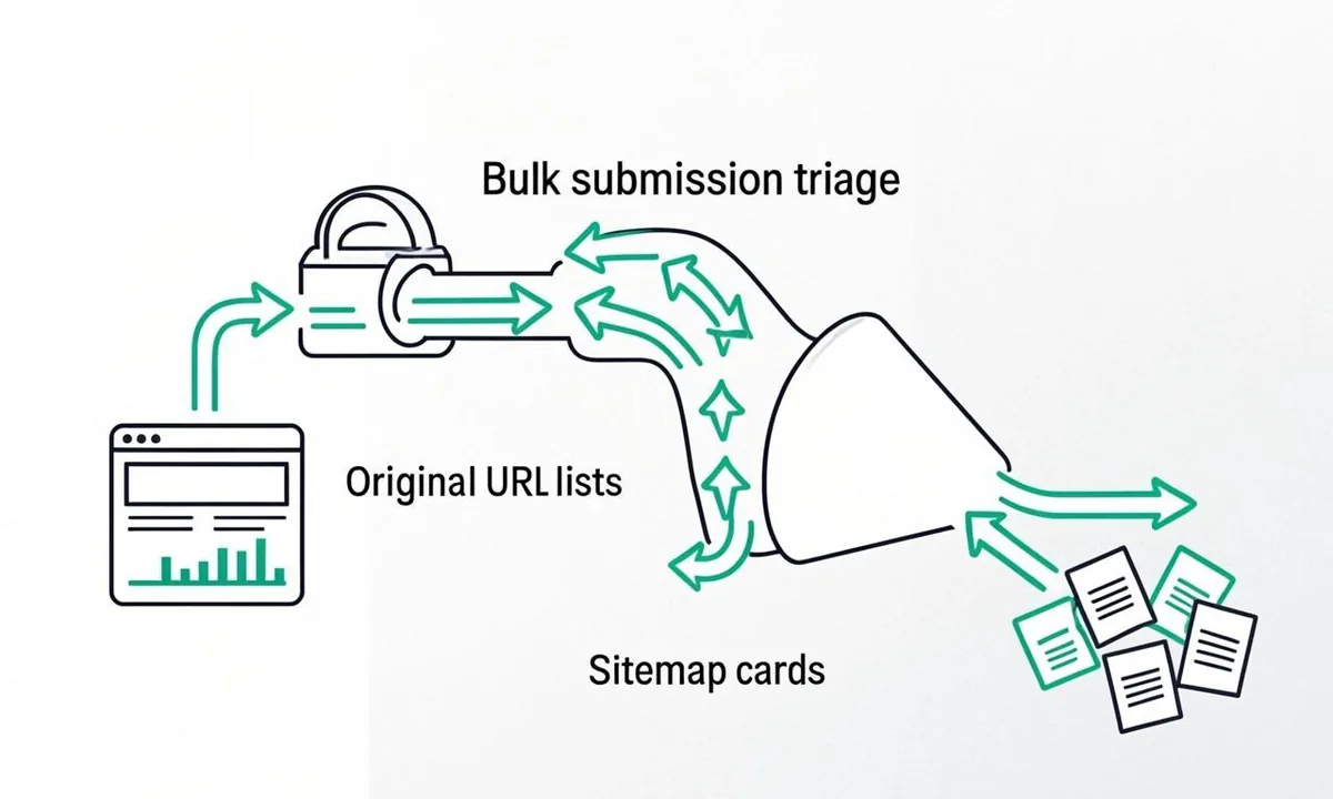 indexing api bulk submission triage diagram from source list to paced sender