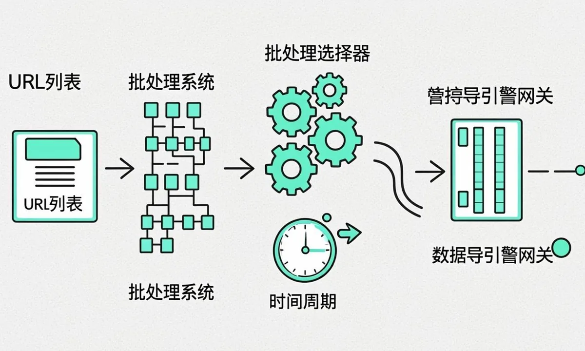 Diagram of a bulk submission queue batching URLs with pause timers before an engine gate