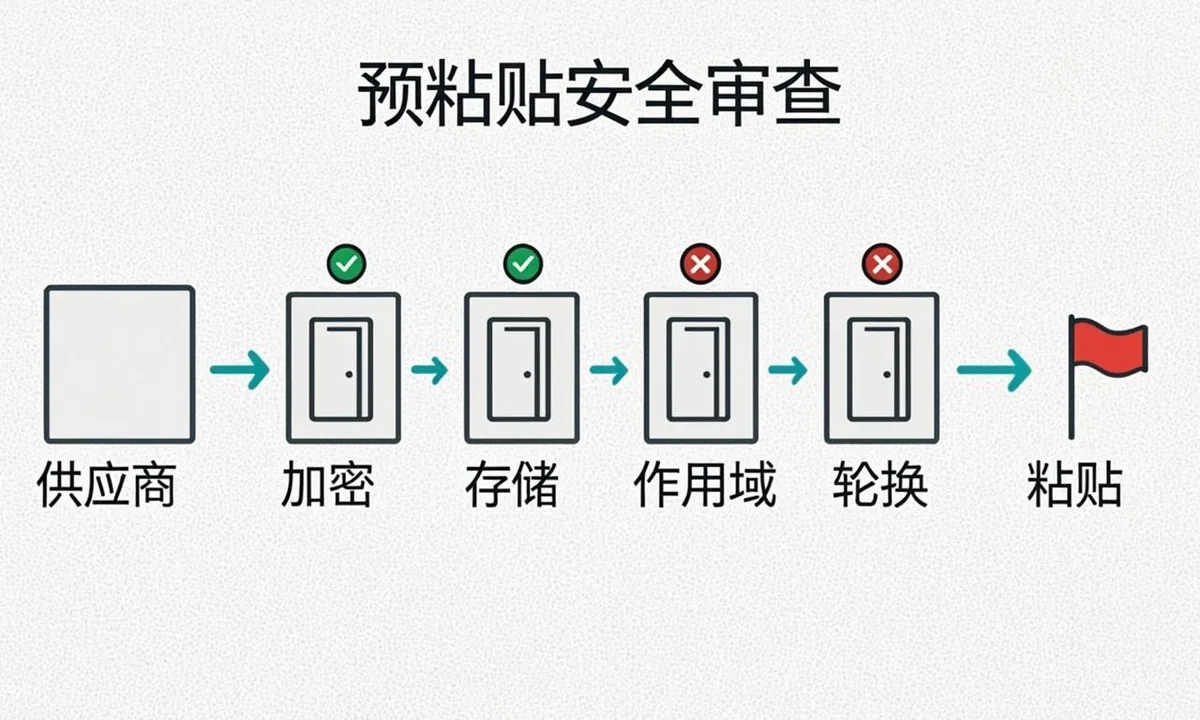 Workflow of security gates checking encryption, storage, scope and rotation before a paste action
