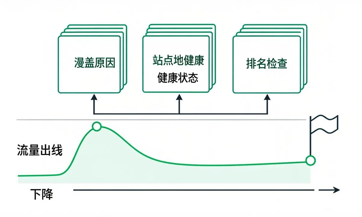 Diagram of coverage, sitemap and rank signals flagging a drop days before traffic falls