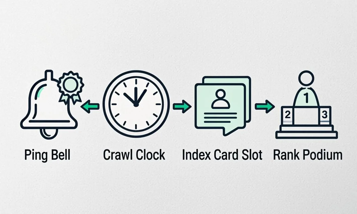 Diagram of ping, crawl, index and rank stages with acceptance covering only the first