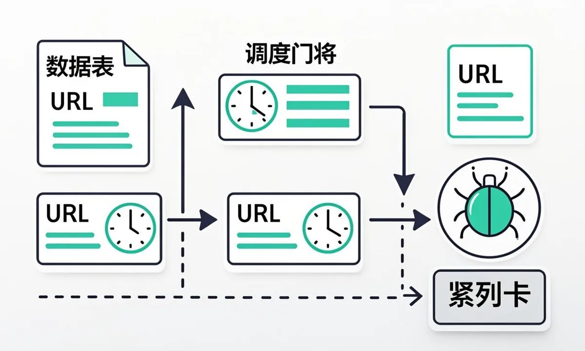 Flow of fresh sitemap rows passing a scheduler gate to a crawler while stale rows wait