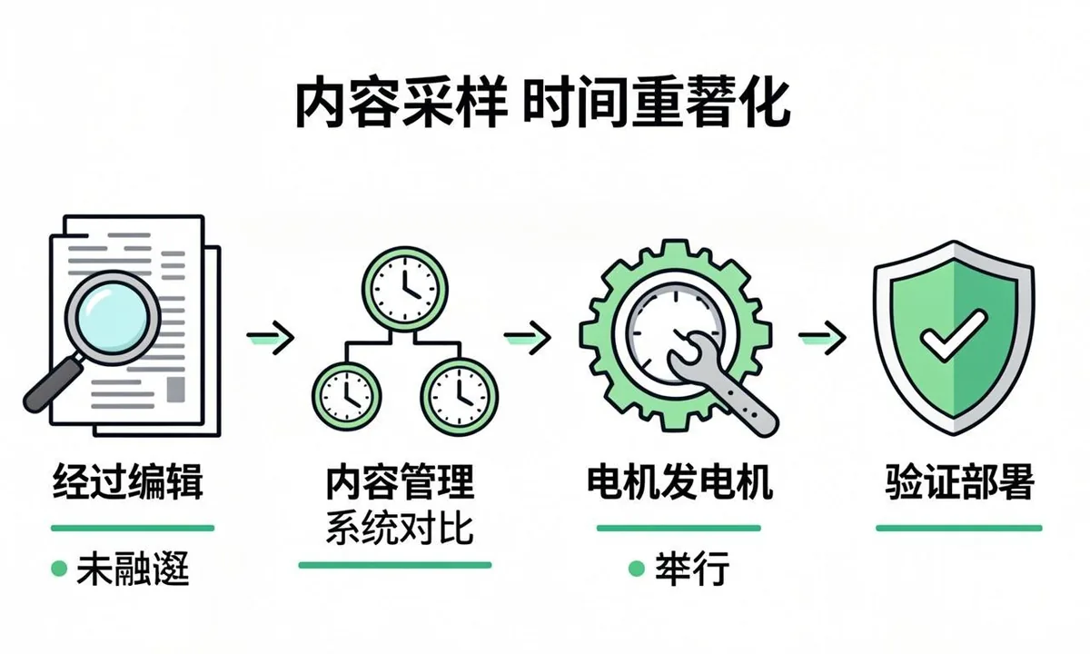Four step workflow comparing CMS edit times with sitemap dates then fixing and validating the generator
