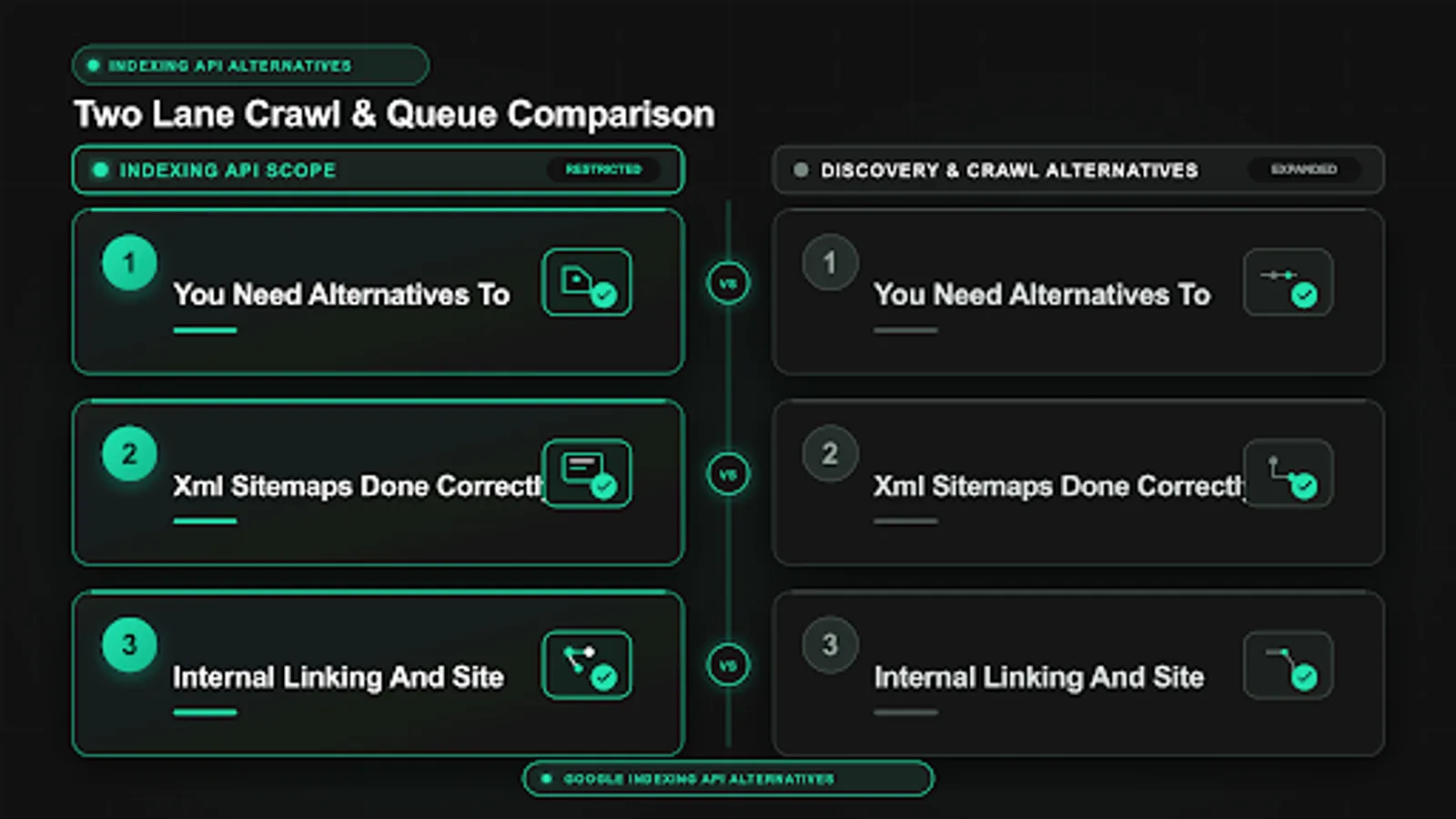 Diagram showing google indexing api alternatives flow with crawl, sitemap and queue steps