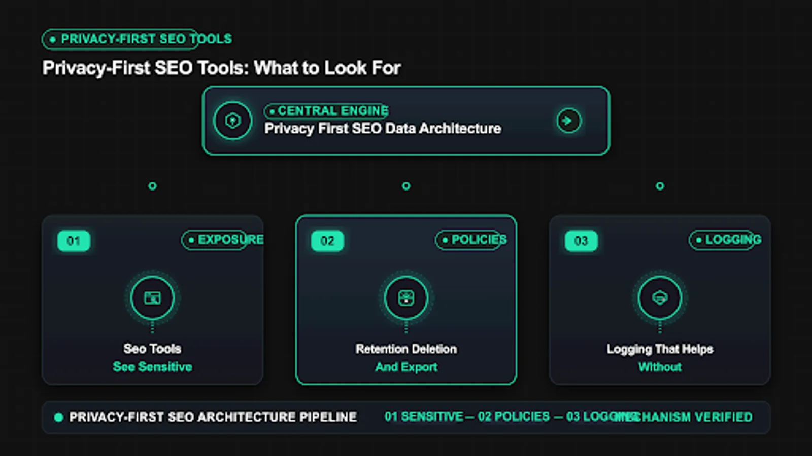 Diagram showing retention deletion and export policies flow for privacy first seo tools